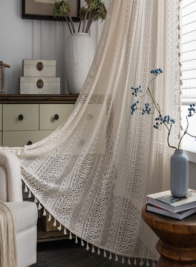 HSOFTIFY Boho Crochet Curtains 2 Panels, 63 inch Long Bohemian Lace Semi-Sheer Curtains & Drapes with Vintage Tassels for Bedroom & Living Room (59" x 63" Beige) - Image 1